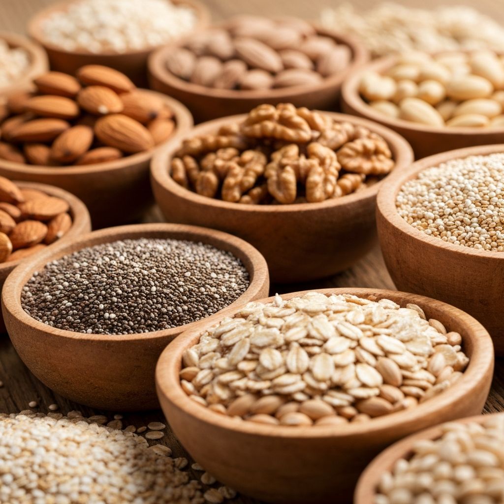 Nuts and seeds in bowls